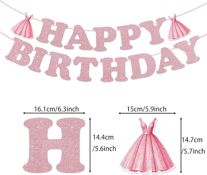 Zwiebeco Pink Rose Gold Girls Happy Birthday Banner Bunting Hanging Paper Swirls Garland Party Decorations for Girls Womens Princess-Style Themed Bday Decor Accessories Supplies