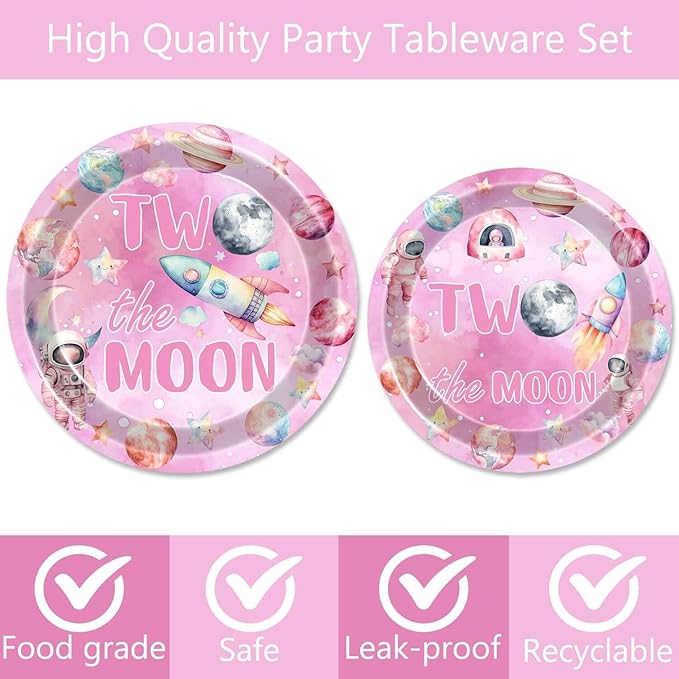 51 Pcs Outer Space Girls 2nd Birthday Party Supplies - Two The Moon Decorations & Tableware Includes Table Cloth, Plates, Napkins, Forks for Pink Space Two Years Old Party