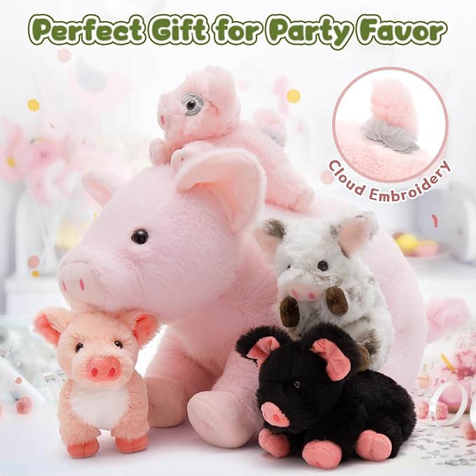 5 Pcs Pig Stuffed Animal Plush - Pink Mommy 16" with 4 Little Piggy in Her Zippered Tummy - Cute Plushie Toy Gift for Girls and Kids