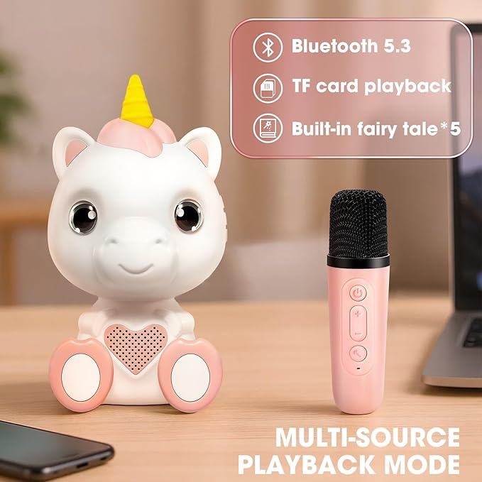 Mini Karaoke Machine for Kids Age 3-5, Unicorn Kids Portable Karaoke Machine with Wireless Microphone for Toddler Girls Singing Microphone Unicorn Toys Birthday Gift for Age 4-6 Pink