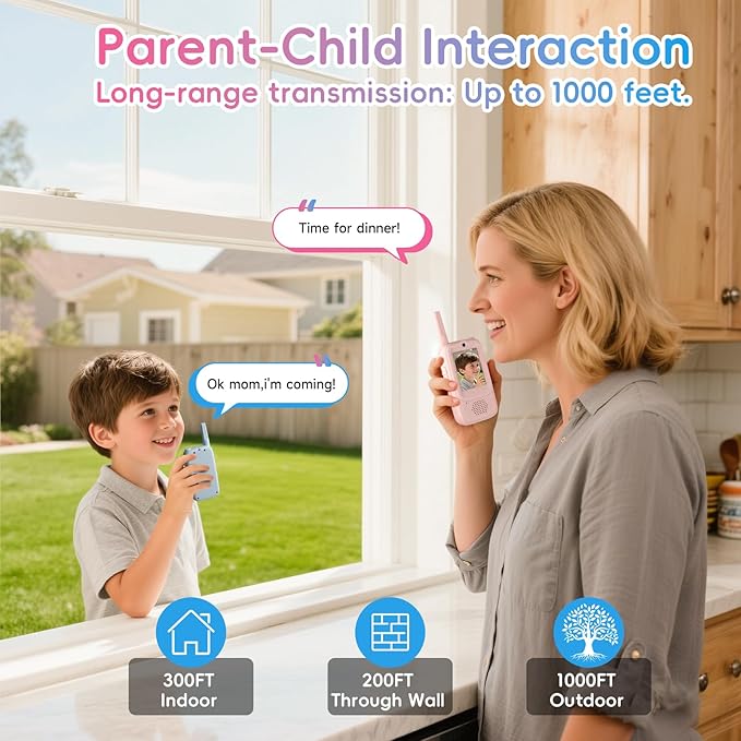 2-Pack Kids Walkie Talkies with Video Calling, No Wi-Fi Needed for 2-Way Video Chat, Rechargeable Handheld Video Intercom for Indoor Outdoor Play, Camping, Gift for Boys Girls Ages 3-12 (Blue/Pink)