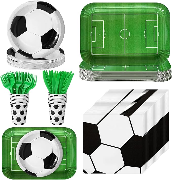 144 Pcs Soccer Party Supplies Set Serves 24 Soccer Birthday Party Decorations Disposable Serving Trays Paper Plates and Napkins Cup Fork Knife Dinnerware for Sports Theme Birthday Decoration