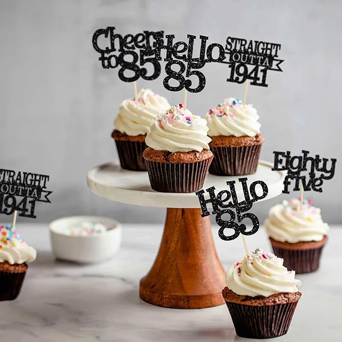 Ephlyn 24Pcs 85th Birthday Cupcake Toppers Glitter Straight Outta 1941 Cupcake Picks Hello 85 Cheers to 85 Years Cake Decorations for 85th Birthday Anniversary Party Decorations Supplies Black