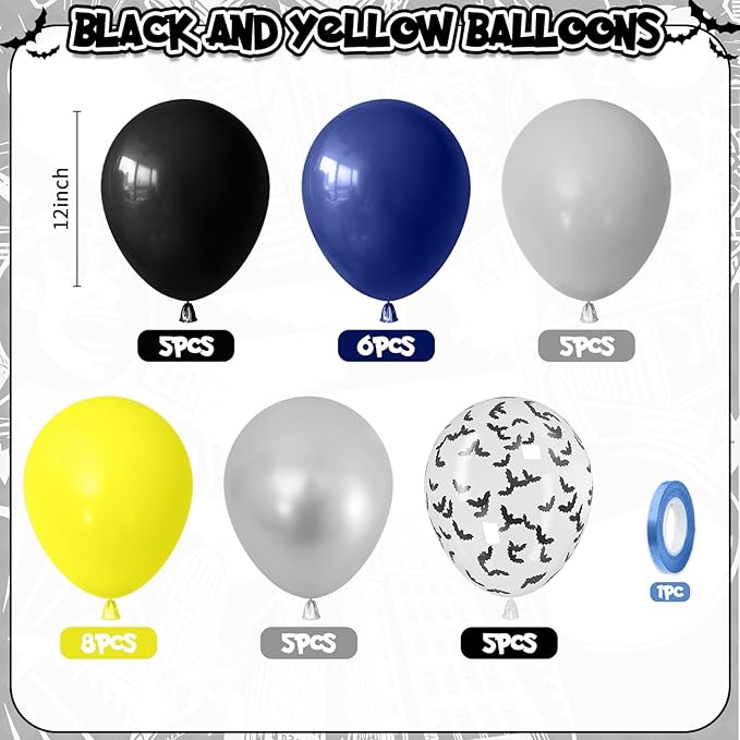 Black and Yellow Balloons, Bat Theme Balloons Birthday Decorations, Navy Blue Yellow Black Silver Balloon City?Style Balloon Party Decorations for Men Boys Birthday Party Supplies Decor