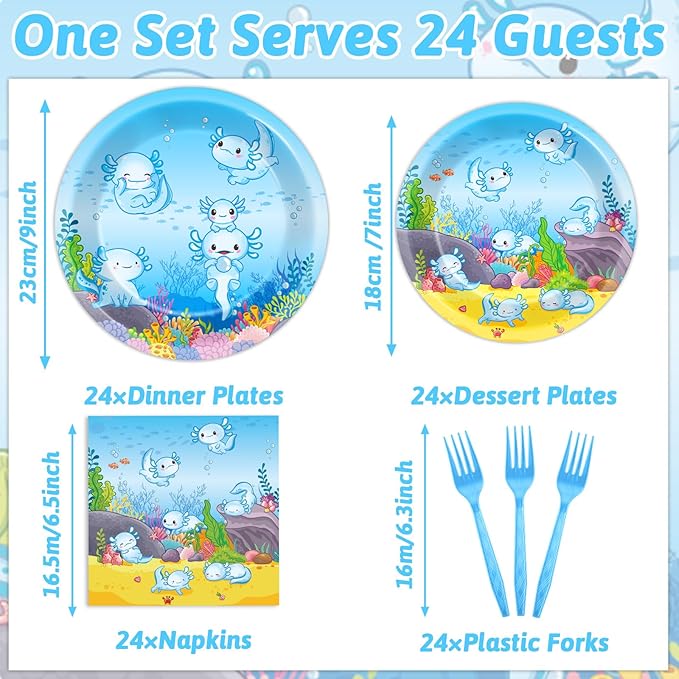 chiazllta 96pcs Blue Axolotl Plates and Napkins Party Supplies Reptile Animals Tableware Set Girl Boy Axolotl Party Decorations Favors for Axolotl Birthday Baby Shower Serves 24 Guests