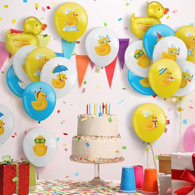 Sratte 40 Pcs Duck Balloon Inflatable Rubber Duck Party Decorations 12 Inch Cartoon Shape Foil Balloons Blue Pink Yellow White Latex Balloon for Baby Shower Themed Birthday Party Supplies