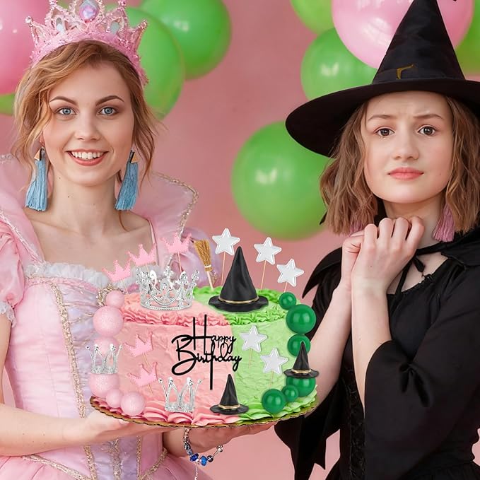 Hooqict 30 Pieces Pink and Green Cake Decorations with Mini Black Witch Hat, Silver Crown, Broom, Happy Birthday Cake Topper for Girls Women Princess Witch Birthday Party Decorations Supplies