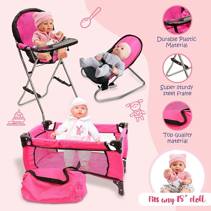 Pink Baby Doll Accessories Set - 3 In 1 Baby Doll Furniture Set with Baby Doll High Chair, Baby Doll Crib, Baby Doll Bouncer Seat, Baby Doll Bed Set for 18” Doll - Play Baby Doll Toys for 18" Dolls