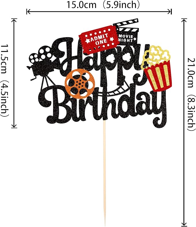 1 PCS Movie Night Cake Topper Happy Birthday Sign Cake Pick Decorations for Theater Video Recorder Roll Camera Popcorn Hollywood Theme Family Film Baby Shower Birthday Party Supplies