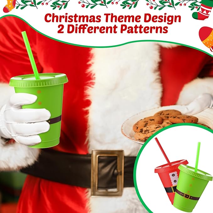 Sieral 30 Pcs Christmas Cups with Straws and Lids 16 oz Santa Elf Belt Cups Red Green Plastic Tumblers Reusable Iced Coffee Travel Mug for Christmas Theme Party Supplies Decorations
