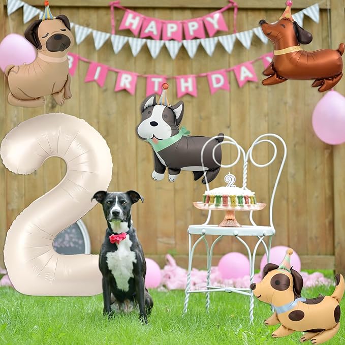 Animal Dog Balloons Puppy Balloon 40 Inch Cream White Number 2 Balloons for Dog 2nd Birthday Decorations Dogs Birthday Party Supplies