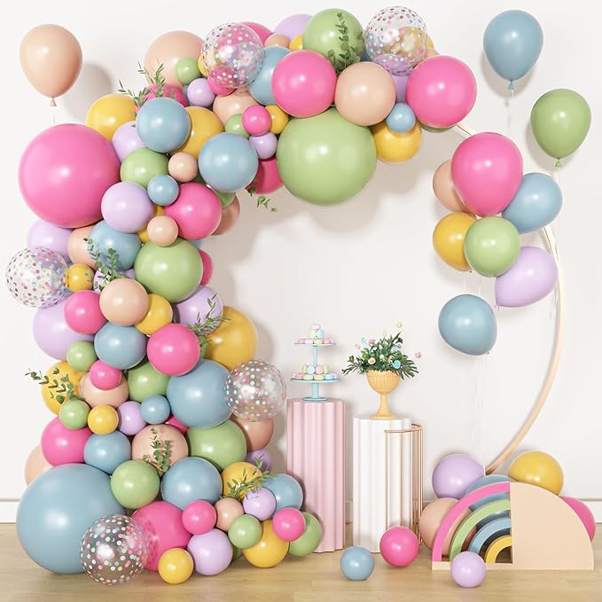 Amandir 153Pcs Spring Flower Balloons Arch Garland Kit Different Sizes 18 12 10 5inch Pink Green Yellow Dusty Blue Wildflower Balloons for Floral Baby in Bloom Shower Daisy Birthday Party Decorations