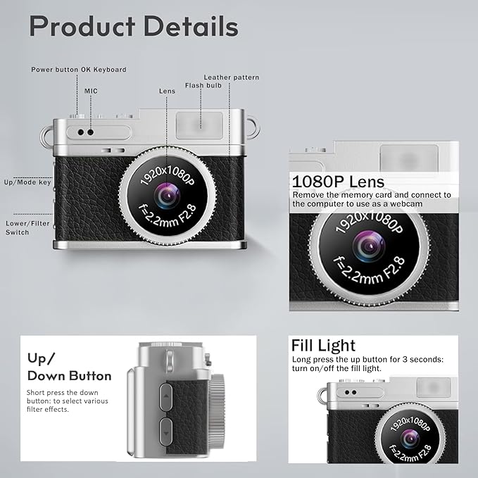 KOOMTOOM Keychain Camera,1080P HD Mini Retro Camera,Tiny Digital Photocamera with 32GB SD Card,0.96'' Pocket Video Recorder Gift for Kids Students,Suprise Box Included
