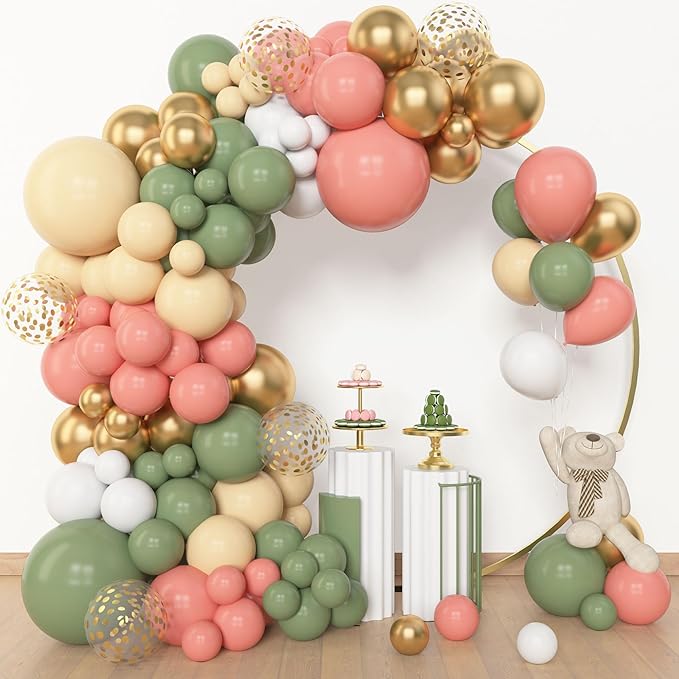 Amandir 153pcs Retro Green Pink Balloon Garland Arch Kit, Different Sizes 18 12 10 5 inch White Dusty Pink Latex Metallic Confetti Balloons for Easter Jungle Safari Woodland Birthday Party Decorations