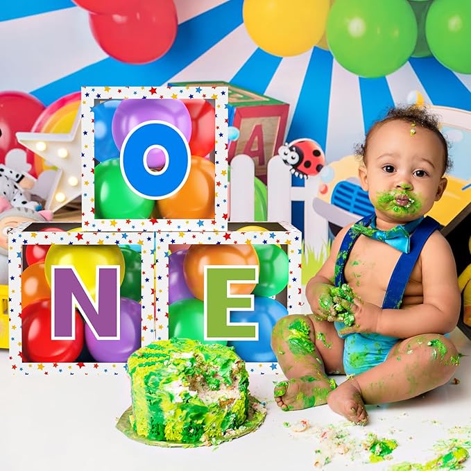 First Birthday Decorations for Boy Girls, ONE Balloon Boxes with Balloons, ONE Blocks for Baby 1st Birthday Backdrop, Cake Smash Photo Props (Star)