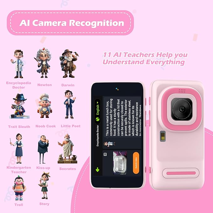 AI Kids Camera for 3–11 Year Old Boys and Girls, AI Learning Digital Video Camera with with Object Recognition, Best Birthday, WiFi Kids Toy Camera 16GB (Pink)