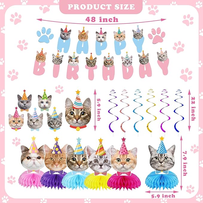 Cat Birthday Party Supplies Cat Birthday Party Decorations, Cat Themed Birthday Party Supplies Includes 1 Birthday Banner, 6 Cat Honeycomb Centerpieces, 6 Hanging Swirls with 6 Cat Cutouts