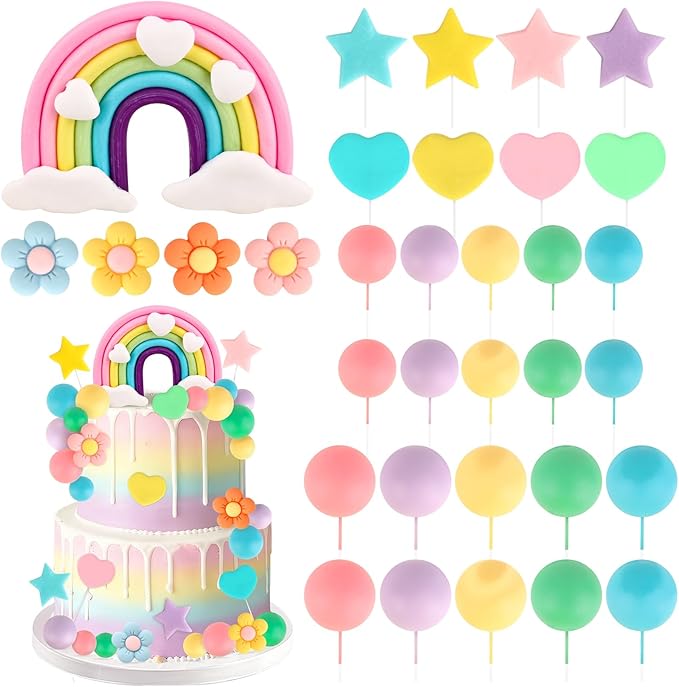 Hooqict 33 PCS Rainbow Cake Topper with Daisy Flower Pastel Balls Boho Rainbow Cake Decorations for Wedding Girls Boys Groovy Hippie Birthday Party Decorations Supplies