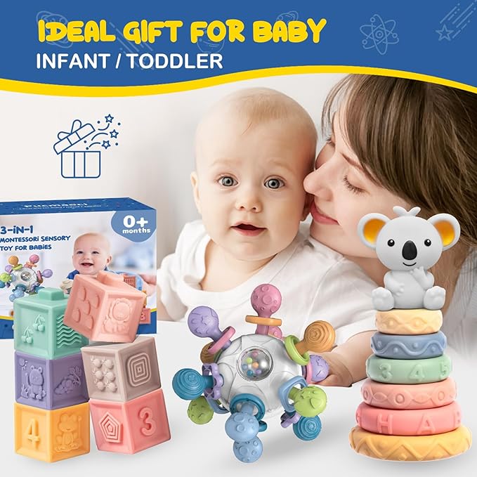 Montessori Baby Toys 3-in-1 Set for Sensory Development, Teething Toys, and Early Education - Gift for Toddler Baby 0-3-6-12-18 Months
