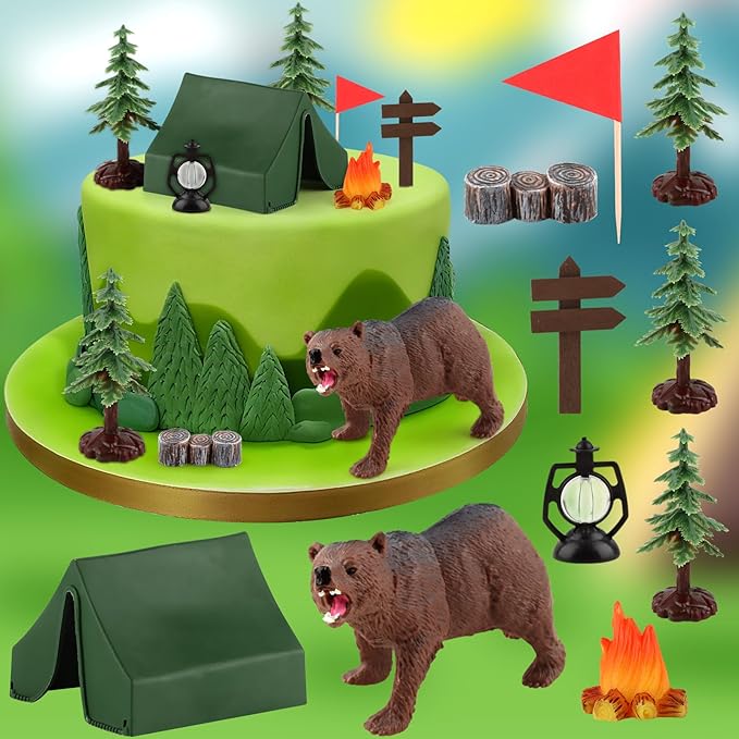 Camping Cake Decorations 10PCS Camping Cake Topper Set Tent Bonfire Three Tree for Kids Adults Adventure Theme Party Supplies Campings Birthday Party Decoration