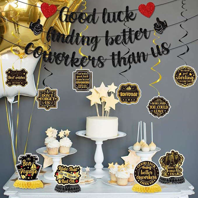 Going Away Party Decorations Include Good Luck Finding Better Coworkers Than Us Banners Hanging Swirls Honeycomb Centerpieces Farewell Theme Party Supplies