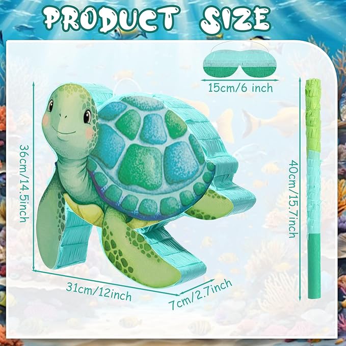 Aoriher Sea Turtle Piñata with Stick Blindfold & Confetti - Birthday Party Favors Decorations for Animal Theme Party Supplies Toys Outdoor Games, 15 x 13 x 3.2 Inch
