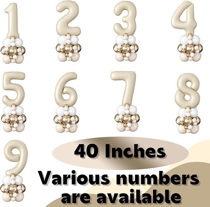 40 Inch Cream Number 1 Balloon for 1st Birthday Decorations Beige White Sand Number One Foil Balloon Tower Giant Large Nude Neutral Digit Helium Balloons Stack for Girls First Anniversary Party