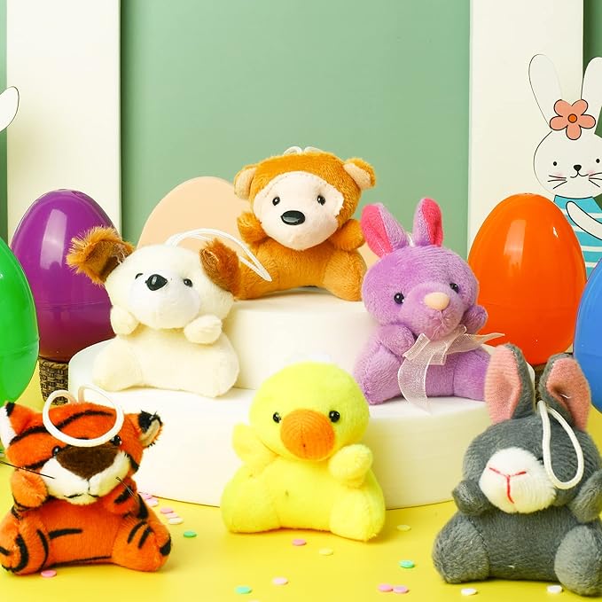 JOYIN 12 Pcs Prefilled Easter Eggs of Mini Stuffed Animal Plush Toys Basket Stuffer for Kids Easter Egg Hunt Filler and Party Favors, Classroom Prize Supplies