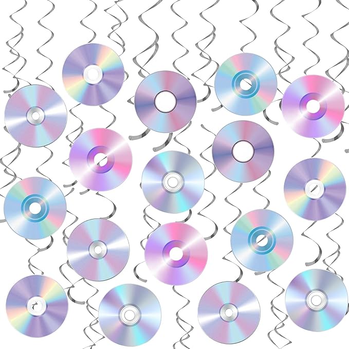60pcs 90s CD Party Supplies Decorations CD Music Foil Ceiling Hanging Swirls Streams Party Banner Decor 2000s Y2K Disco Birthday Party Baby Shower Room Wall Decor