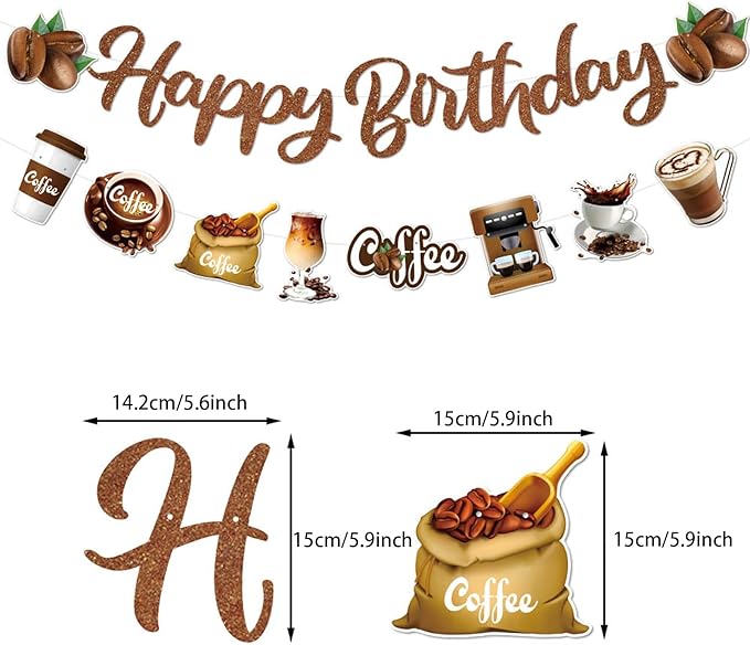 Zwiebeco Brown Coffee Happy Birthday Party Decoration Banner Bunting Garland Hanging Paper for Boys Girls Men Women Adults Cafe Coffee-Themed Birthday Decor Accessories Supplies