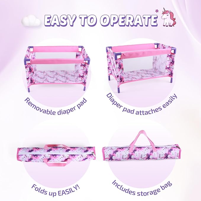 BABESIDE Baby Doll Crib Set for 18 Inch Dolls, Foldable Baby Doll Bed Playpen Toy Crib with Storage Bag for Reborn Baby Doll Accessories, Purple Babydoll Crib