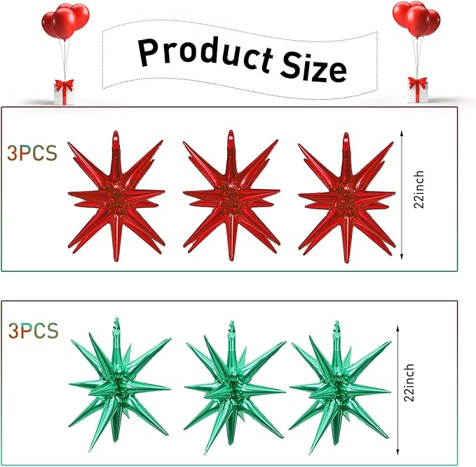 6 Pcs Star Foil Balloons One-Piece 14-Pointed Star Balloon 4D Starburst Cone Mylar Balloon 22inch Christmas Birthday Wedding Wedding Anniversary Party Supplies (Red + Green)