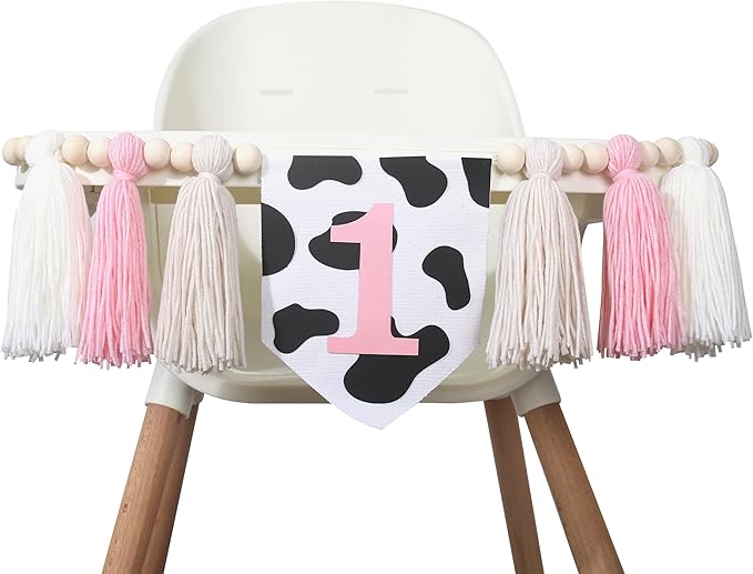 Holy Cow 1st Tassels Banner Birthday Decorations Girl - First Highchair Tassels Banner, High Chair Wood Beads Garland Party Supplies, Pink Black White, Photo Props, Handmade