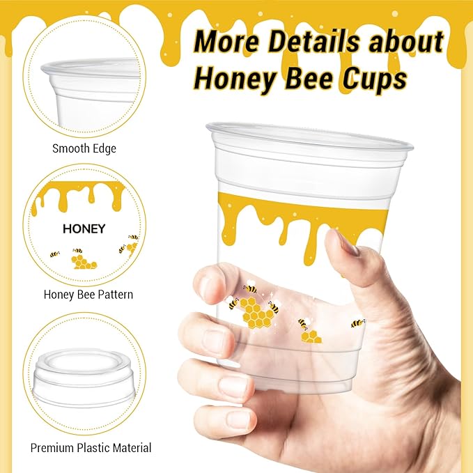 50 Pcs Honey Bee Cups, 12 oz Bee Party Clear Plastic Cups for Juice Water Coffee Summer Baby Shower Birthday Party Supplies Decorations