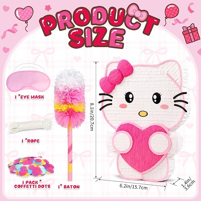 21" Pinata for Birthday Party - 3D Pink Large Pinata, 24" Bat Stick, Eye Mask, Rope - Cute Love Heart Design, Large Party Decoration & Candy Holder for Girls Kids Theme Party, Room Decor & Centerpiece