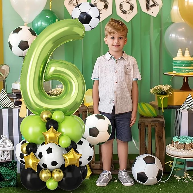 40 Inch Number 6 Balloon Green Soccer Number Six Foil Balloons Tower Set for Boys 6th Birthday Party Decorations Giant Large Digital Aluminum Balloons Stack for Football Lover World Sports Game