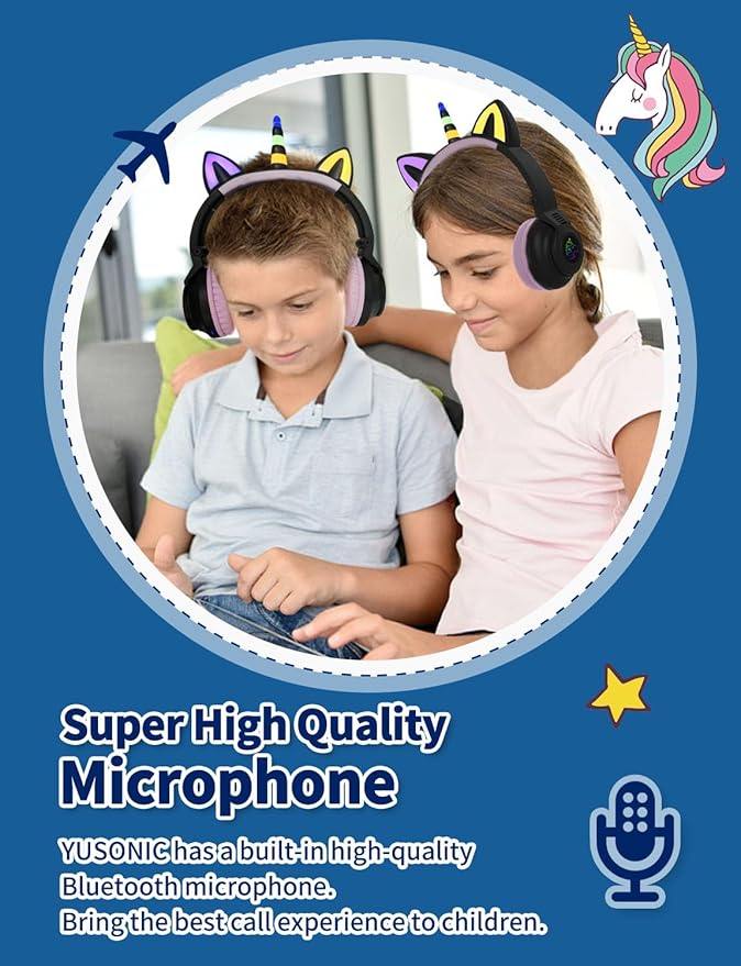 Unicorn Kids Headphones for Girls, Unicorn Bluetooth Headphones Foldable for Girls Toddlers Tablet/pad/Amazon fire,Light Up Kids Wireless Headphone Birthday Gifts (Black)
