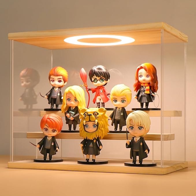 LASOA Acrylic Display Case with Adjustable LED Lights, 3 Tier Clear Display Box for Action Figures and Collectibles, Self-Assembly Showcase with Wooden Base for Miniatures, 11.8x6.5x9.4inch