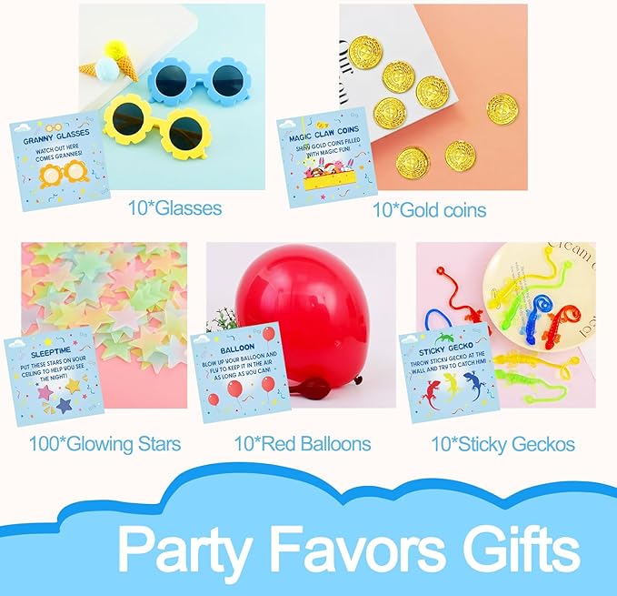 160Pcs Birthday Theme Party Favors Gift Supplies Glasses Bubbles Stamps Stars Balloons Keychains Goodie Bags Cards Wristbands for 10 Guests Decorations Decor