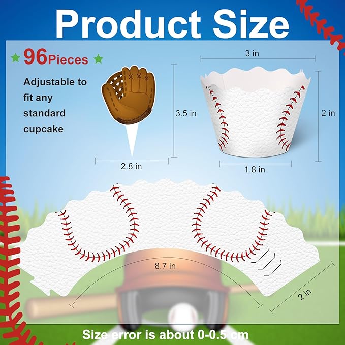 Nuenen 96 Pcs Baseball Cupcake Toppers and Wrappers Set Baseball Birthday Party Cupcake Decorations Sport Themed Cake Picks and Holders for Birthday Gathering Party Decoration Supplies (Retro)