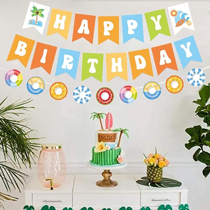 Zwiebeco Seaside Happy Birthday Party Decoration Banner Bunting Garland Hanging Paper for Summer Tropical Hawaiian Beach Pool Themed Boys Girls Kids Accessories Supplies