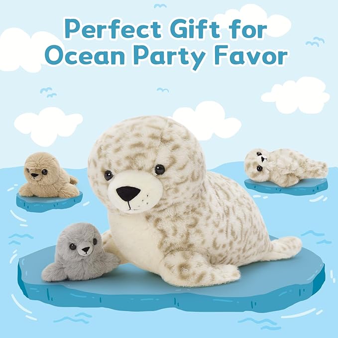 4 Pcs Seal Stuffed Animal Set, 20" Mother Plush Toy with 3 Babies in Mom's Belly, Cute Leopard Stuffed Seal Plushie for Girls Boys Kids, Kawaii Chirstmas Bithday