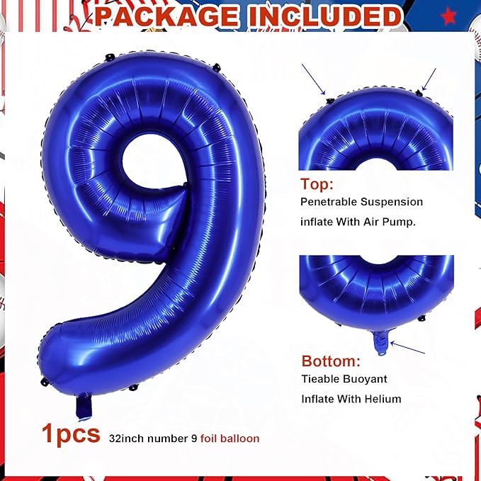 Baseball Birthday Party Balloons, 32 Inch Navy Blue Foil Number 9 Balloon, Baseball Glove Foil Balloon, Red Blue Star Confetti Balloon for 9th Birthday Sports Theme Party Supplies