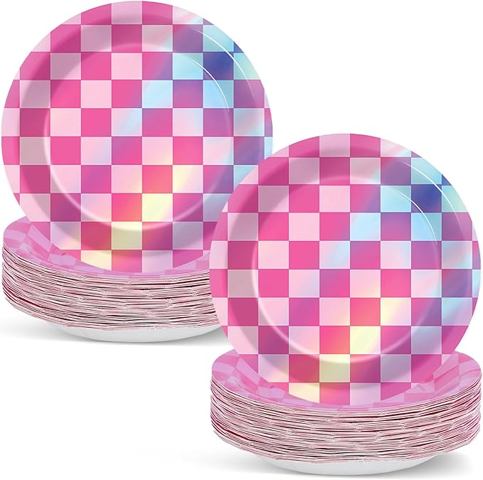 50PCS Pink and Iridescent Checkered Party Plates for Iridescent Party Decorations 7 Inches Laser Round Paper Plates Foil Dessert Plate for Girl Birthday Wedding Baby Shower Parties Supplies