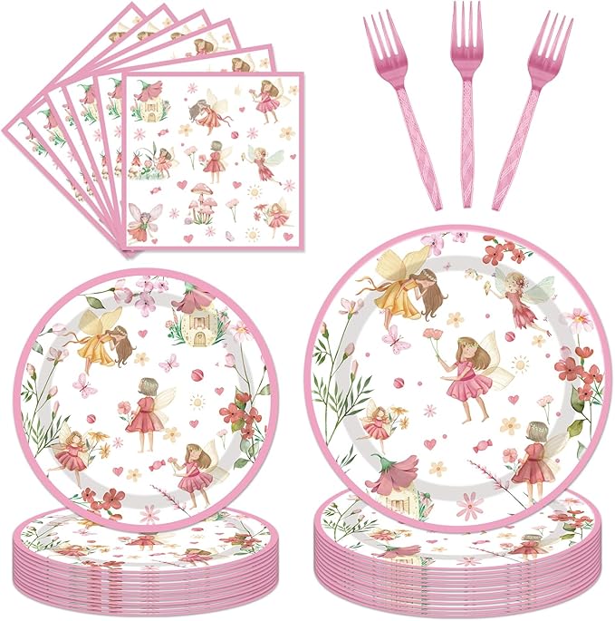 Fairy Birthday Party Supplies Tableware - 96PCS Butterfly Flower Fairies Plates and Napkins Birthday Decorations, Enchanted Forest Garden Party Tableware Set, Fairy Party Supplies Serve 24 Guests