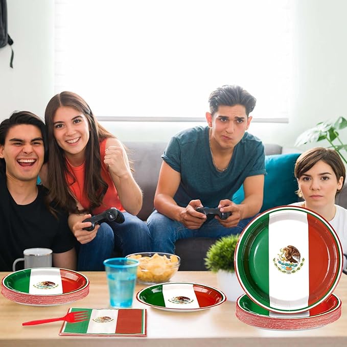 Grencian 96Pcs Mexico Flag Birthday Party Supplies Mexican Flag Party Plates Napkins Forks for Mexican Birthday Party Mexican Independence Day Decorations, Serves 24