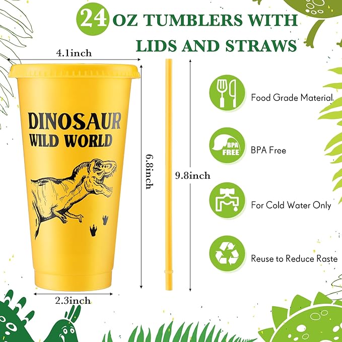 Mifoci 12 Pcs Dinosaur Party Favor 24 oz Plastic Cup with Lids and Straws Set Kids Reusable Dinosaur Cup Decorations for Beverage Birthday Party Dino Supplies (Colorful)