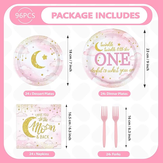 96Pcs Over the Moon Baby Shower Decorations Twinkle Twinkle Little Star 1st Birthday Party Plates Pink Gold Moon Themed Tableware for Girls Baby Shower One Year Old Birthday Supplies