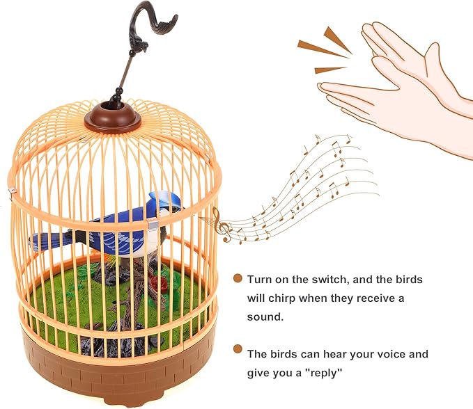 PowerTRC Singing & Chirping Bird in Cage, Realistic Sounds & Movements, Sound Activated, Battery Operated, Great Desk and Room Accessory, Pet Caged Bird Toy (10” x 7”)