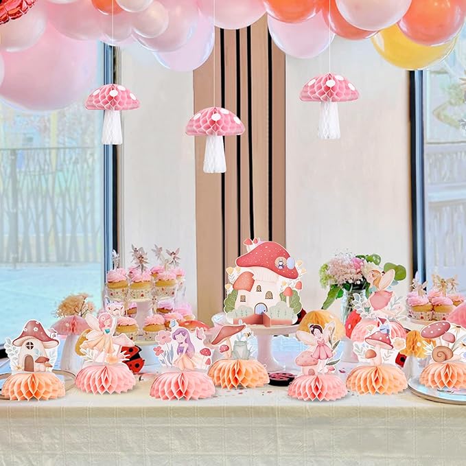 SUNBEAUTY 12 PCS Fairy First Birthday Decoration Fairy Centerpieces for Tables Mushroom Honeycomb Centerpieces Butterfly Flowers Birthday Party Decorations for Spring Garden Baby Shower